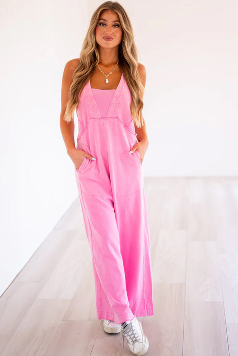 Relaxed Fit Mineral Wash Raw Seam Wide Leg Jumpsuit Overalls